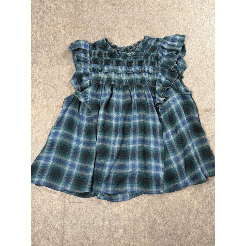 Free People Plaid Top Womens M Blue Green Smocked Ruffle Boho Western Blouse